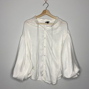 Ballon Puff Sleeve Pearl White Button Down Shirt Blouse